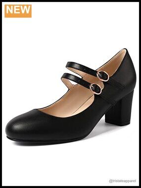 Mary Jane Chunky Block Heel Pumps Closed Toe Ankle Strap Dress Shoes